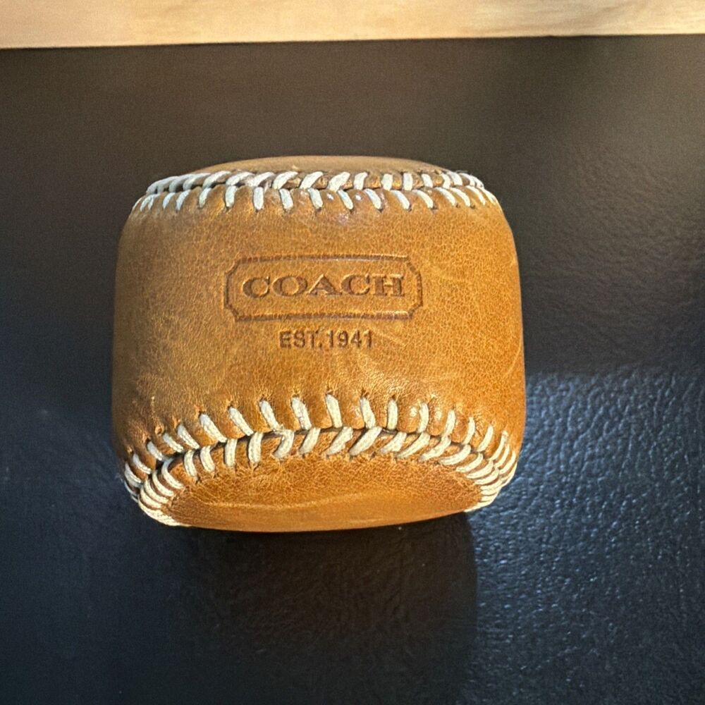 COACH Leather Baseball Paperweight Office Desk Decor Collectible Tan Brown Pouch